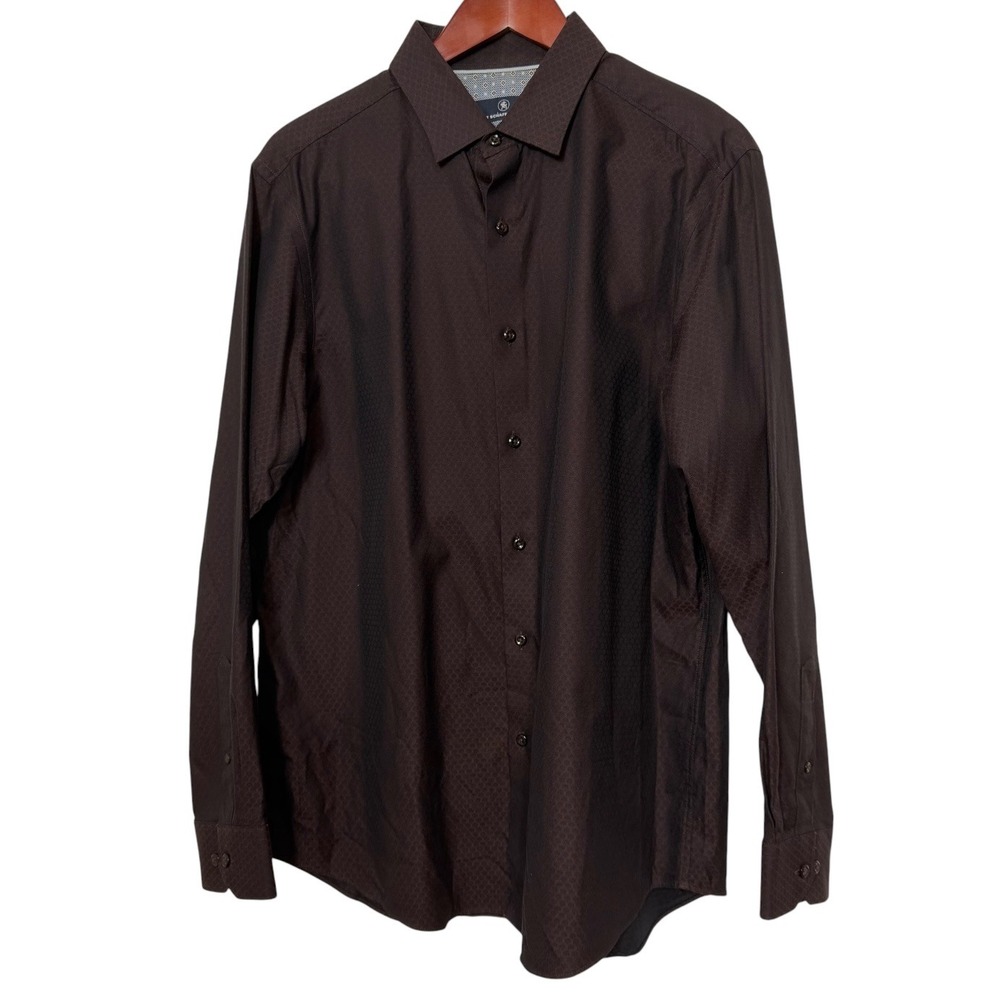 Hart Schaffner Marx Mens Brown Geometric Micro Dot Cotton Button Down Shirt L